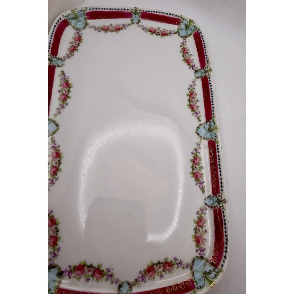 Antique ES Prussia Porcelain Dresser Tray Pink Roses Raspberry Border 11.25